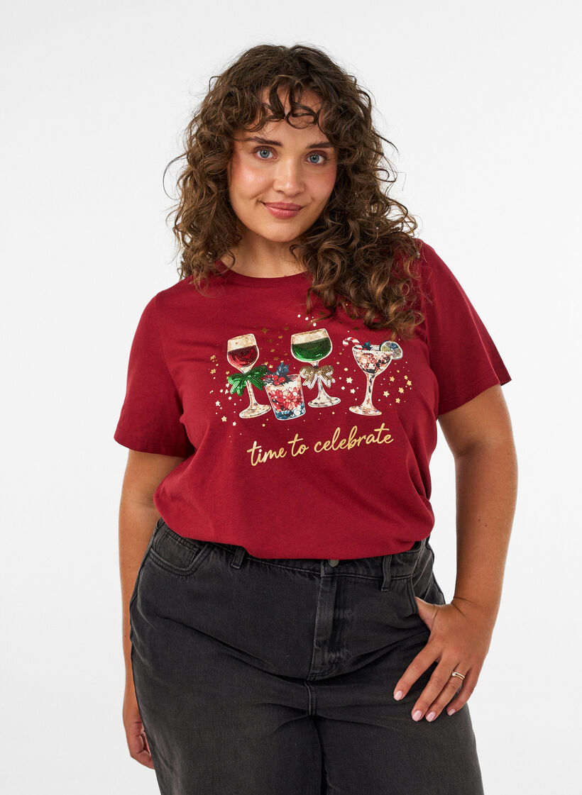 T-shirt de No&euml;l en coton bio, Rouge, Model image number 0
