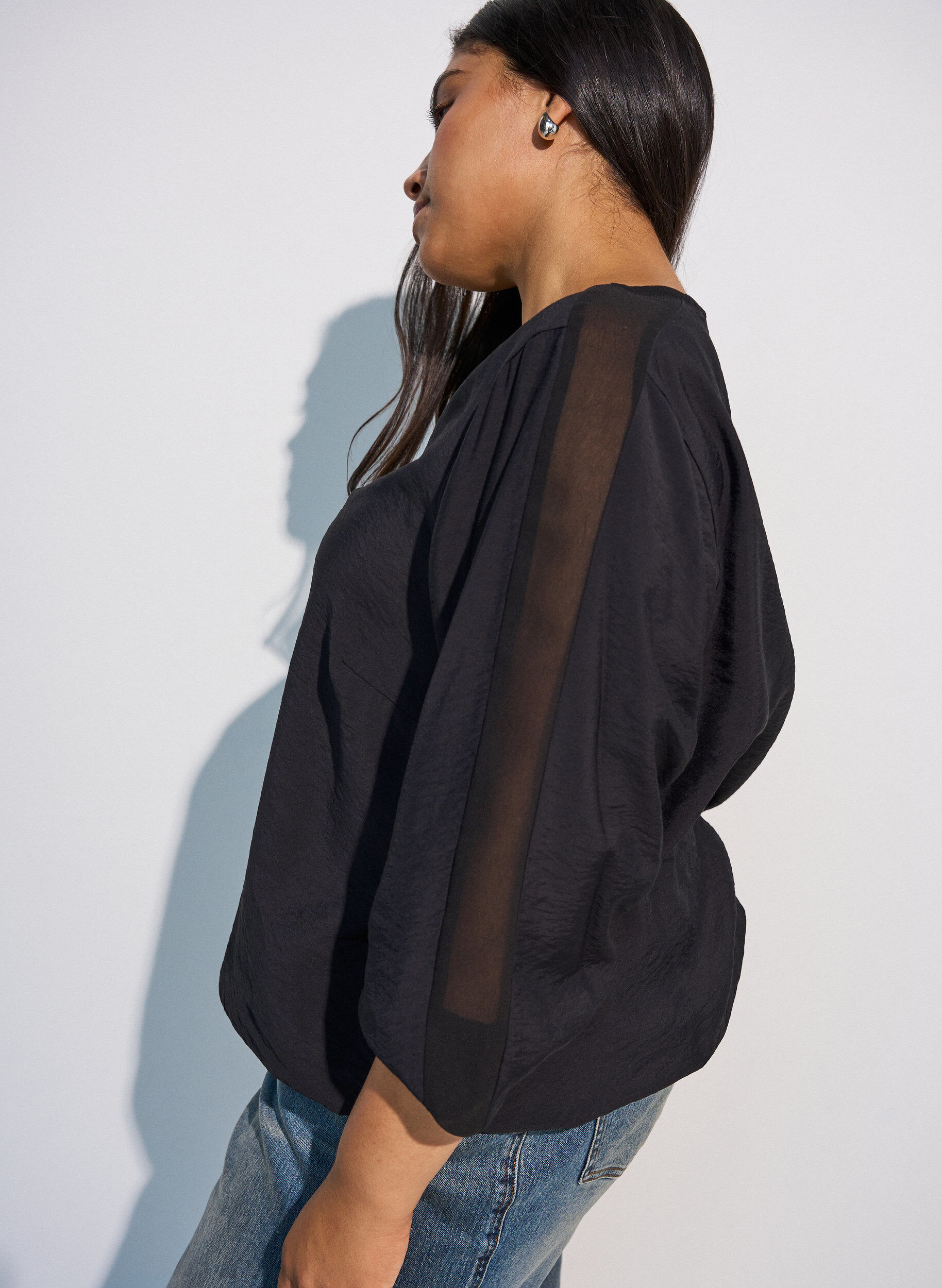 ZizziBlouse avec effet ballon et d&eacute;tails en mousseline, Noir, Model image number 3
