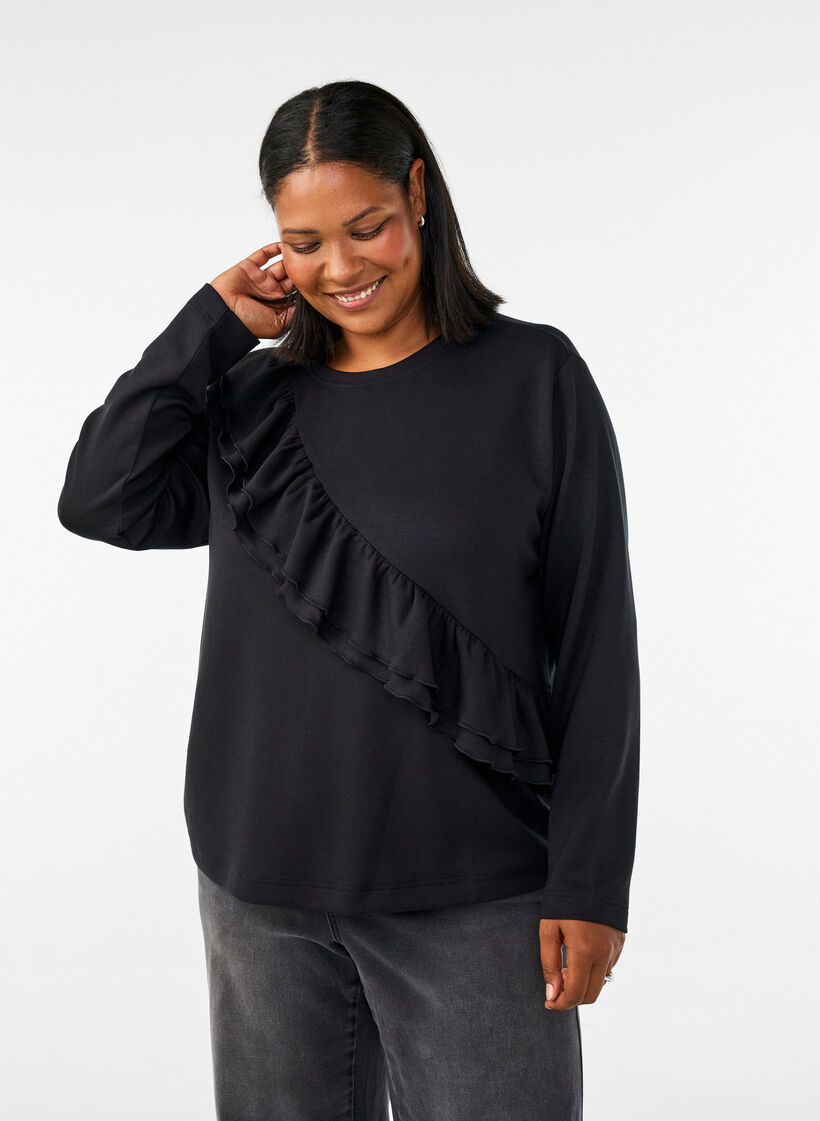 Blouse en jersey avec un volant en diagonale, Noir, Model image number 0
