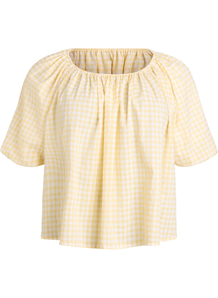 Blouse &agrave; petits carreaux avec une encolure &eacute;lastiqu&eacute;e et des manches coude, Jaune clair, Packshot image number 0