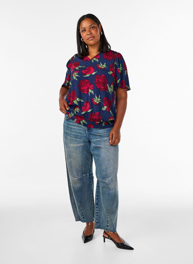 Blouse en viscose avec imprim&eacute; floral et coupe ballon, Bleu, Model image number 1