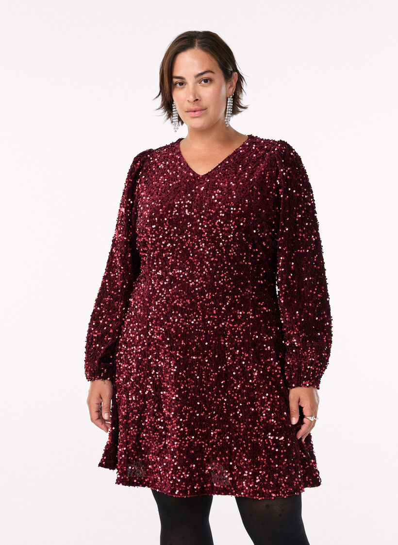 Robe courte &eacute;vas&eacute;e &agrave; sequins, Rouge, Model image number 0