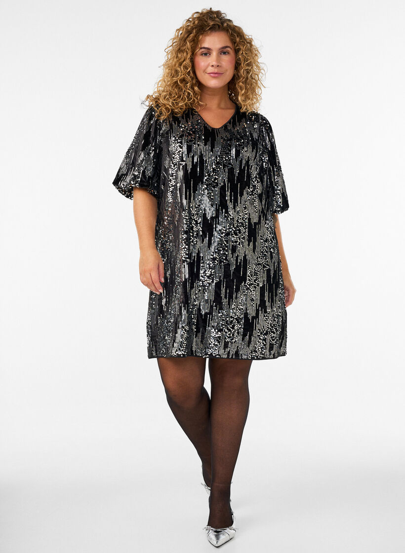Robe courte en sequins avec des manches ballon, Noir, Model image number 0