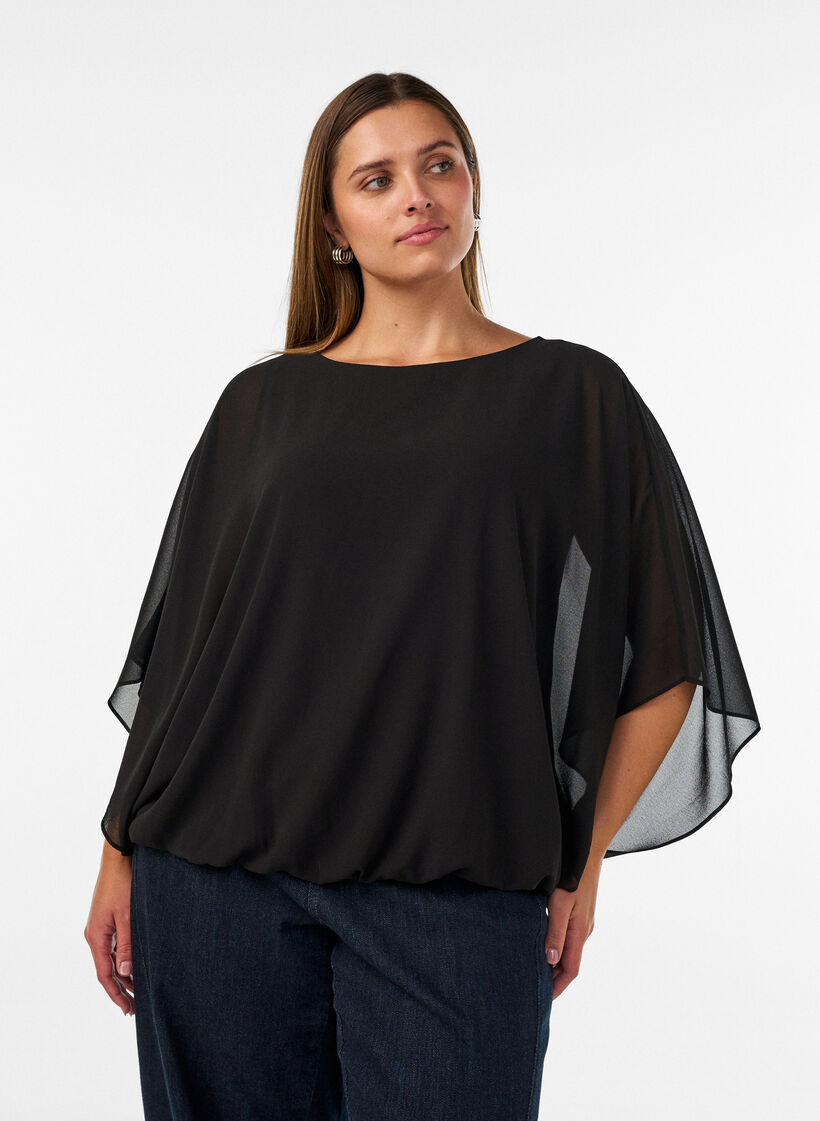 Blouse en mousseline avec effet ballon, Noir, Model image number 0