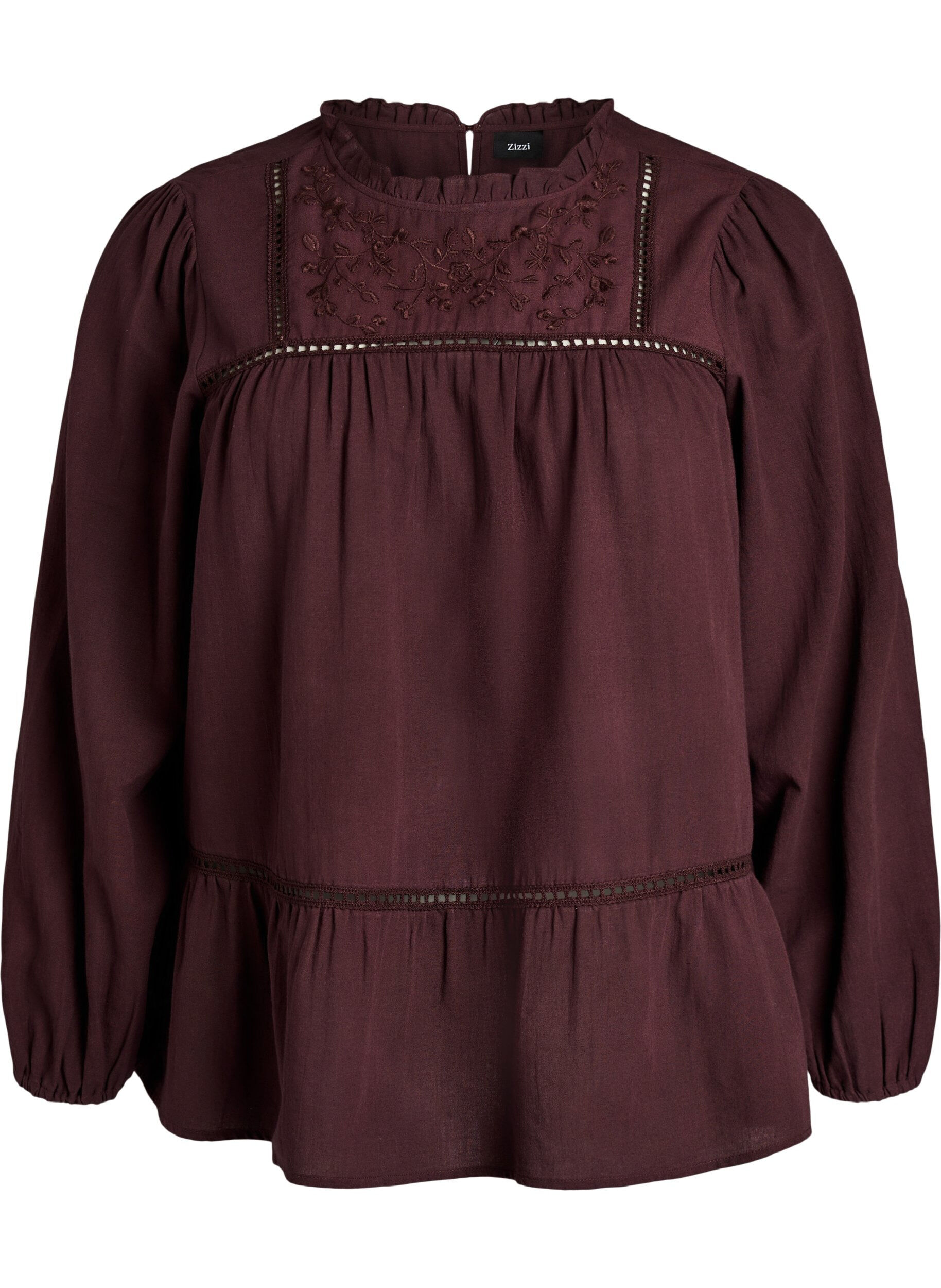 ZizziBlouse avec broderie et bordure broderie ajour&eacute;e, Bordeaux fonc&eacute;, Packshot image number 0