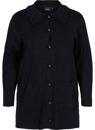 Veste en tricot avec col à volants et poches, Black, Packshot image number 0
