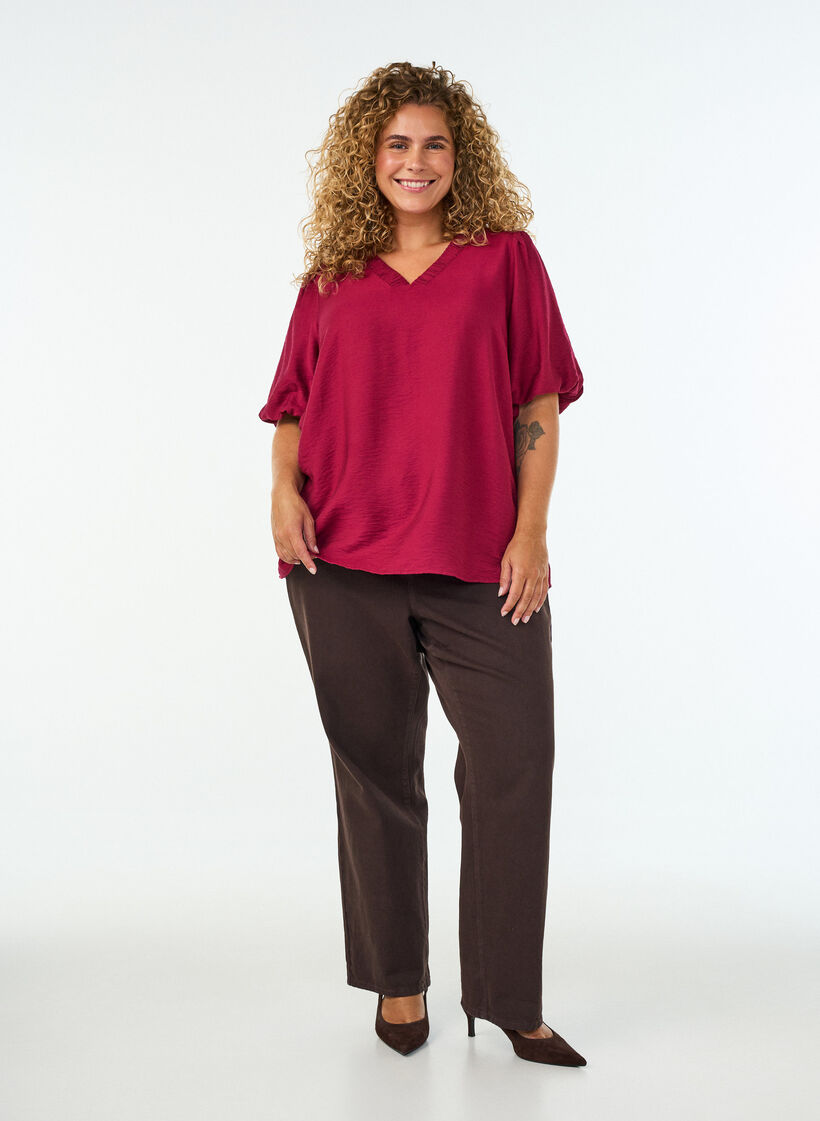 Blouse avec manches ballon et col en V, Bordeaux, Model image number 1