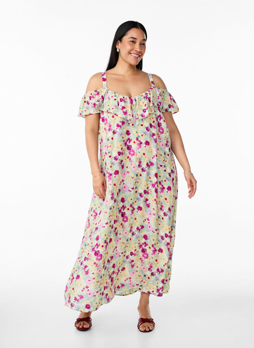 Robe midi florale avec volants et épaules dénudées, Vanille, Model image number 1