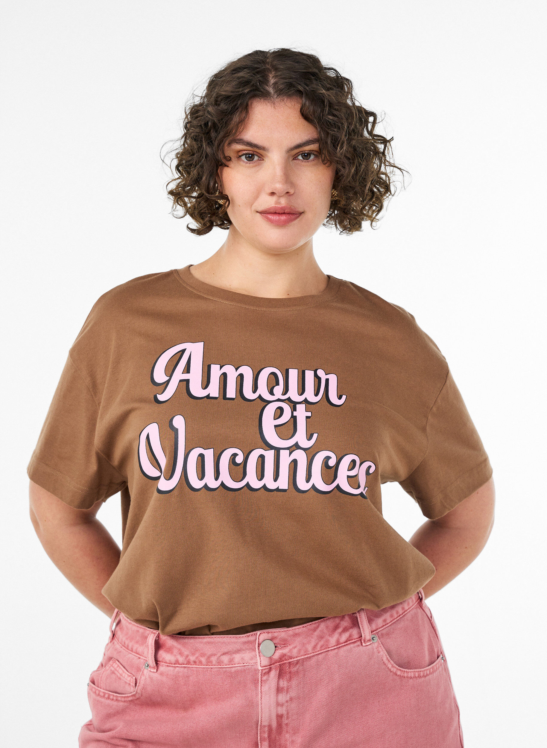 ZizziT-shirt en 100% coton avec manches courtes et imprim&eacute;, Marron, Model image number 0