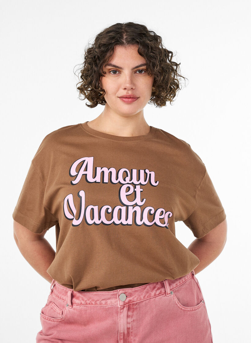 T-shirt en 100% coton avec manches courtes et imprim&eacute;, Marron, Model image number 0