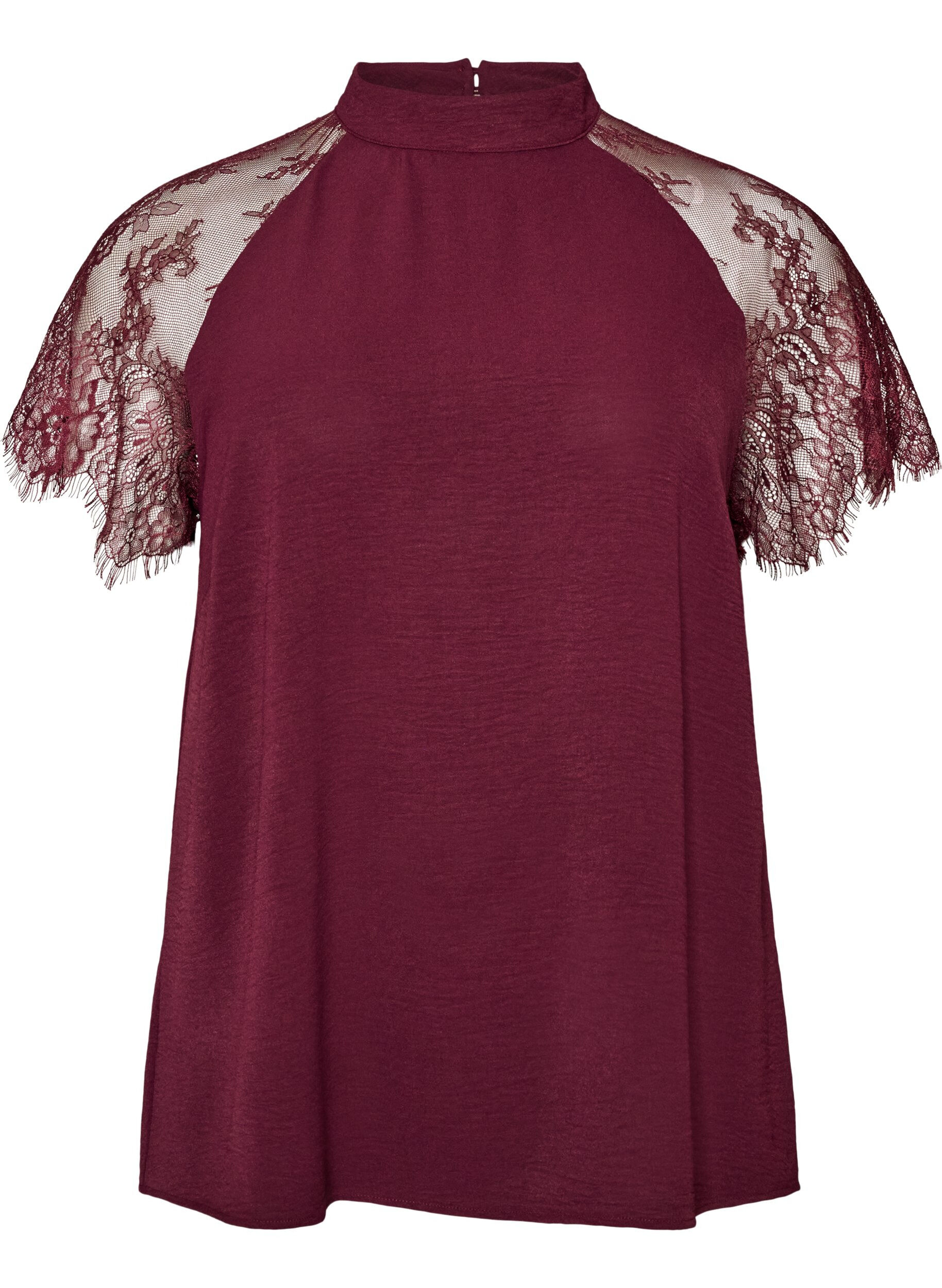 Blouse &agrave; col montant avec manches courtes en dentelle