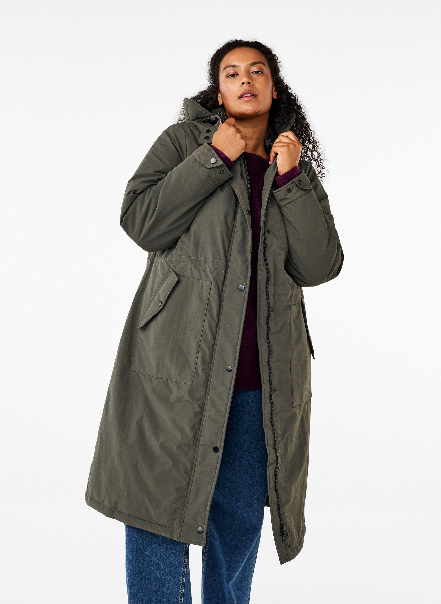 Zizzi Parka avec capuche et taille r&eacute;glable, Black Olive, Model image number 0