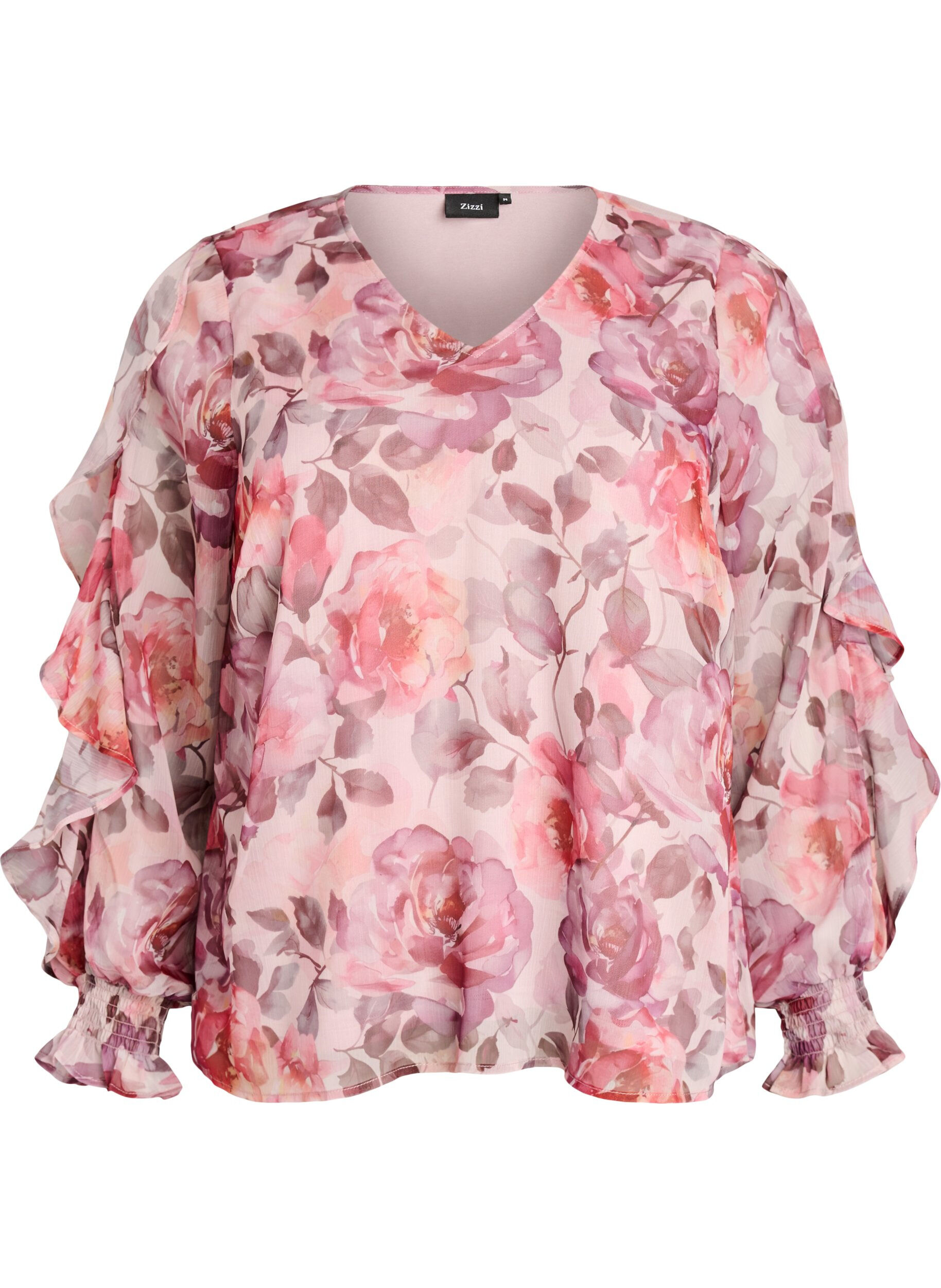 ZizziBlouse fleurie avec col en V et manches &agrave; volants, Rose, Packshot image number 0