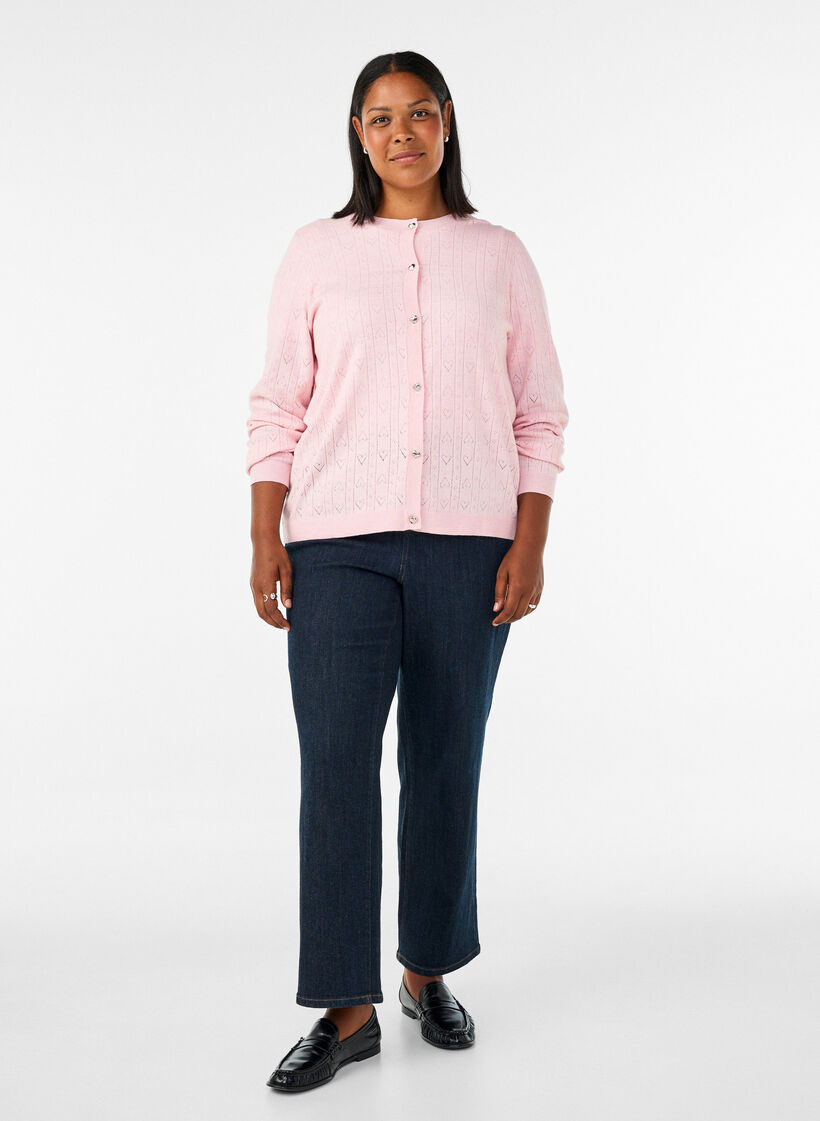 Cardigan en maille avec broderie ajour&eacute;e en forme de c&oelig;ur, Rose, Model image number 1