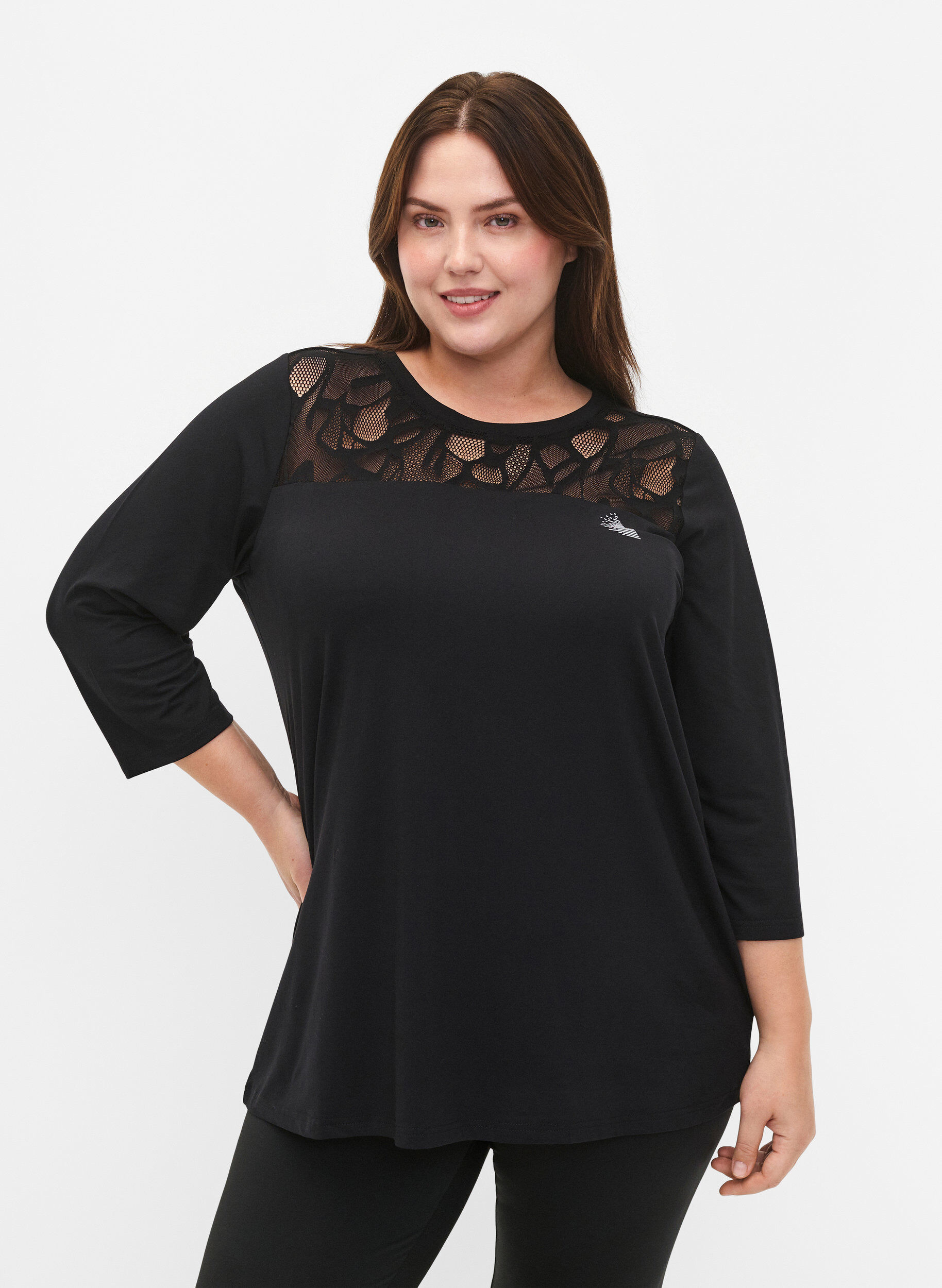 Zizzi T-shirt d'entra&icirc;nement avec manches 3/4 et maille &agrave; motifs, Black, Model image number 0