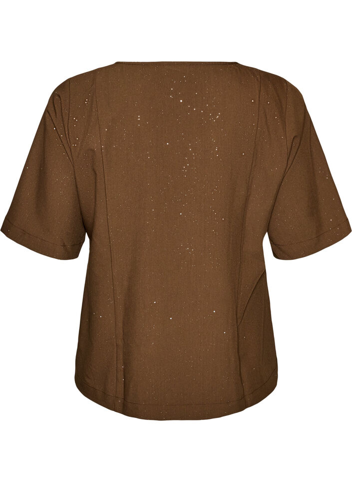 Blouse avec paillettes et col en V, Marron, Packshot image number 1