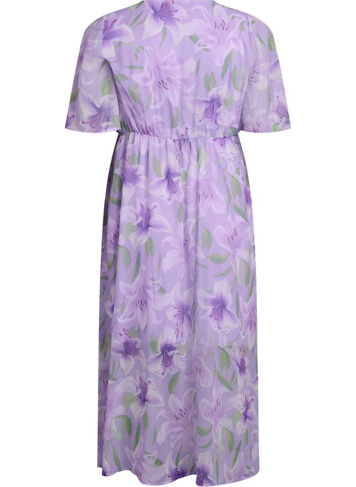 Robe longue en chiffon imprim&eacute; floral et manches courtes, Mauve, Packshot image number 1
