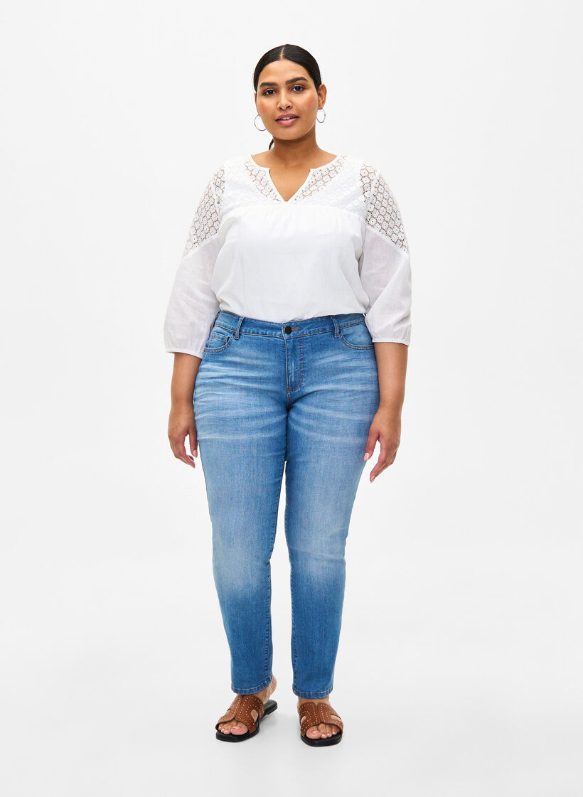 Chemisier en mélange de coton et de lin orné de détails en crochet., Bright White, Model image number 2