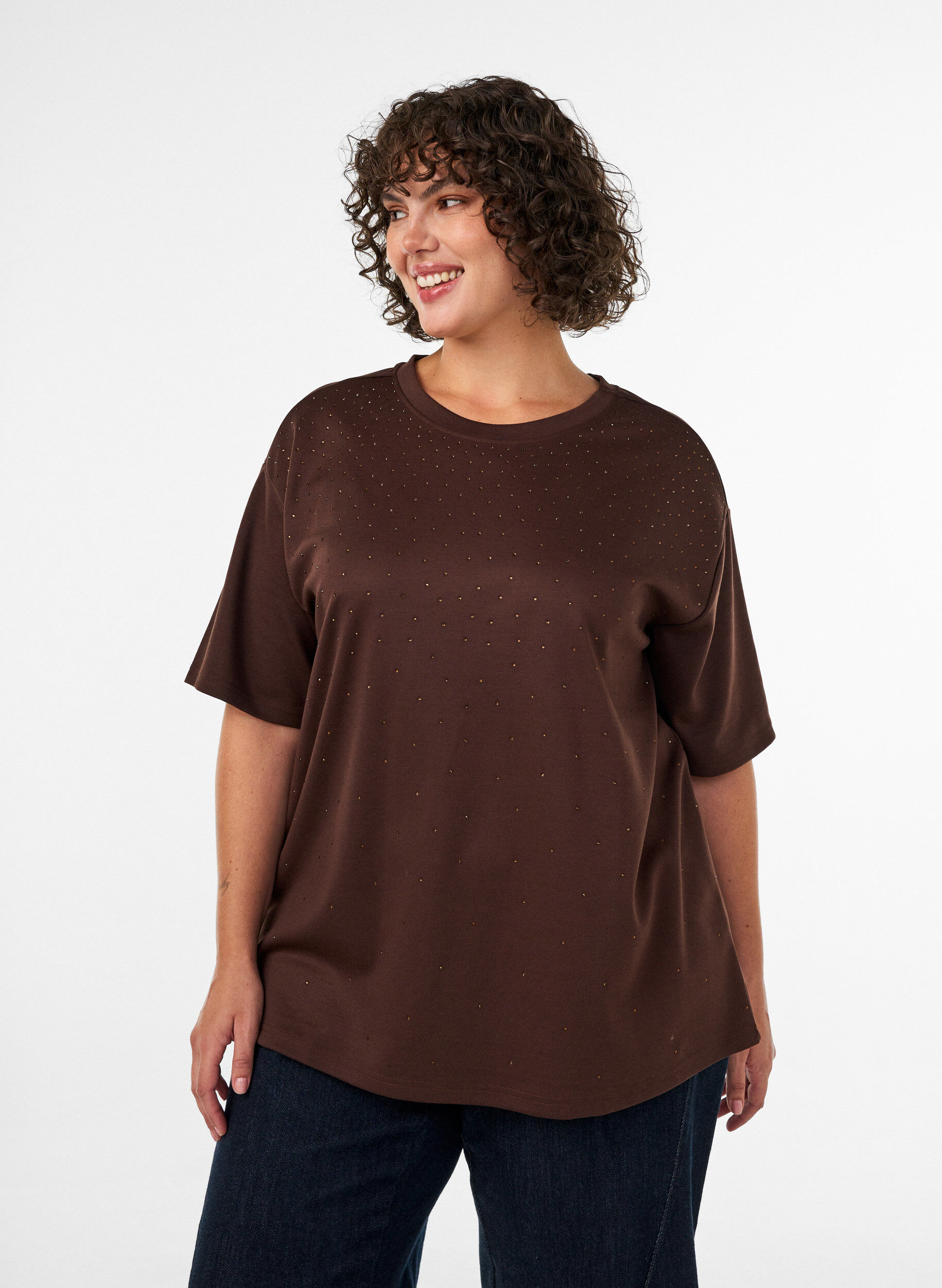 ZizziT-shirt avec strass et col rond, Marron, Model image number 0