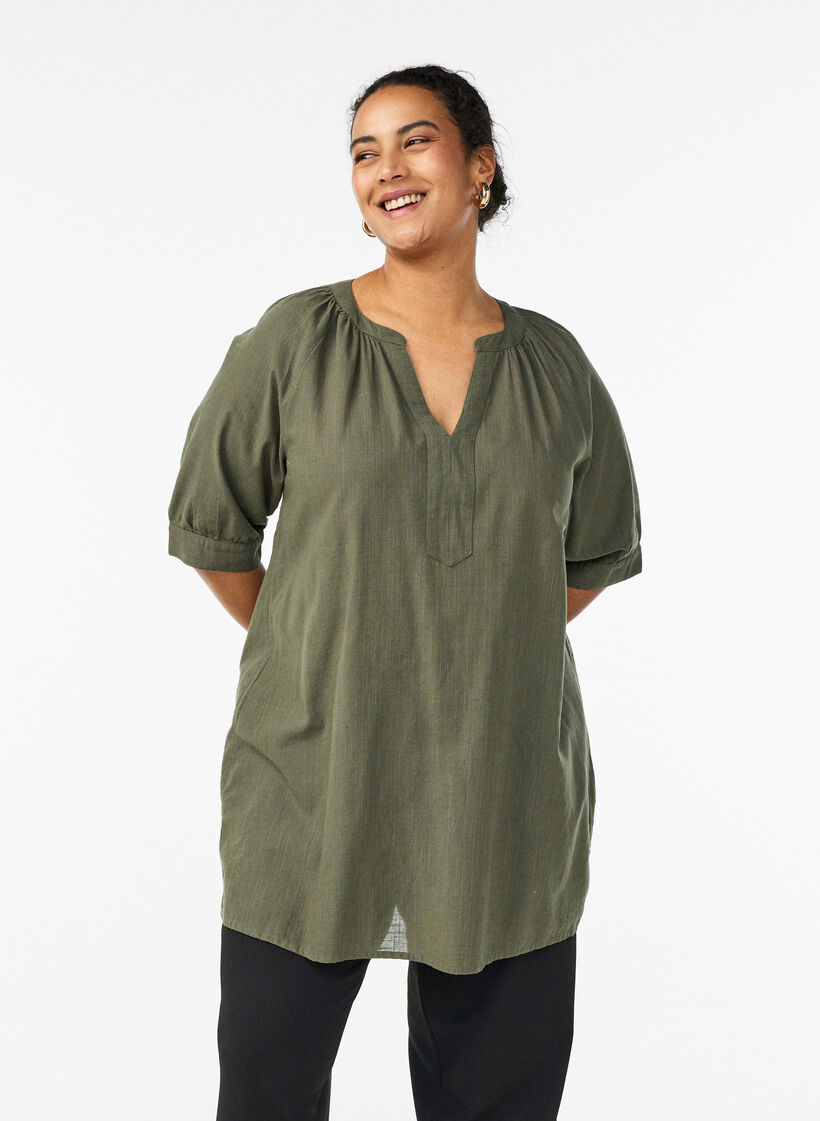 Tunique en coton avec un col en V, Vert, Model image number 0