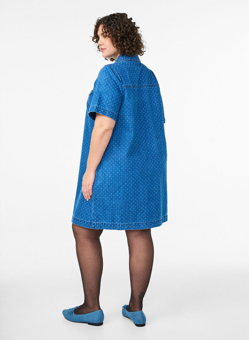 Robe courte en jean &agrave; pois, Bleu, Model image number 2