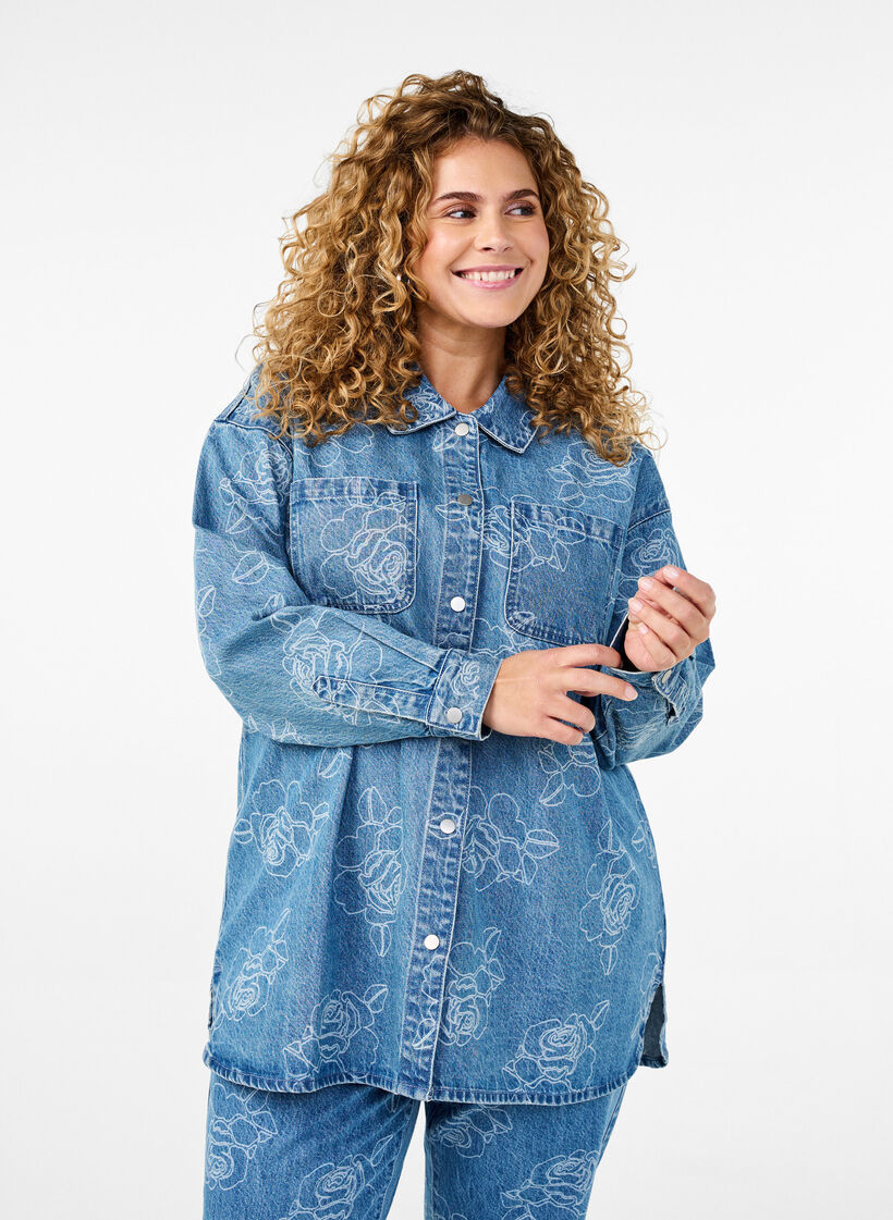 Veste en jean à fleurs, Light Blue Denim, Model image number 0
