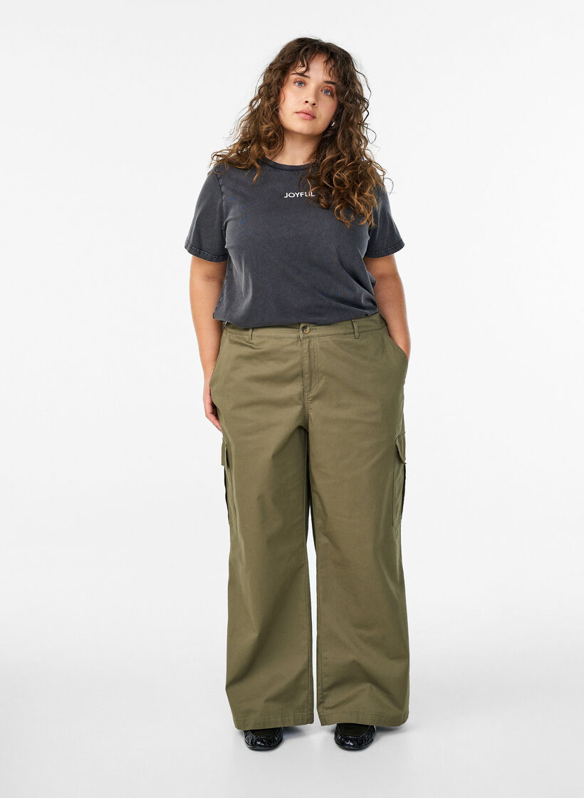 Pantalon cargo large taille haute, Vert, Model