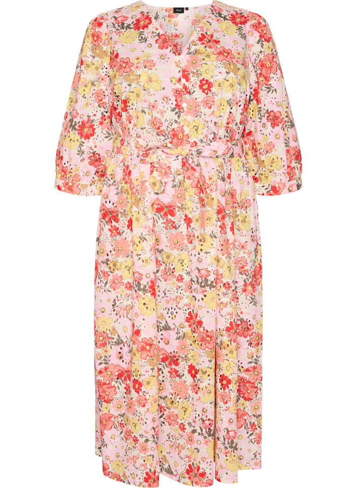 Robe midi fleurie en broderie anglaise et ceinture &agrave; nouer, Rose, Packshot