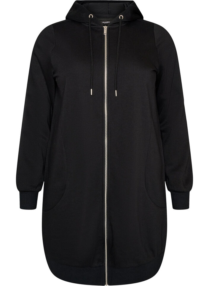 Sweat &agrave; capuche long avec zip et poches, Noir, Packshot image number 0