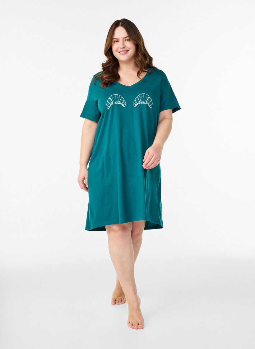 Chemise de nuit en coton biologique et &agrave; col en V, Vert clair, Model image number 1