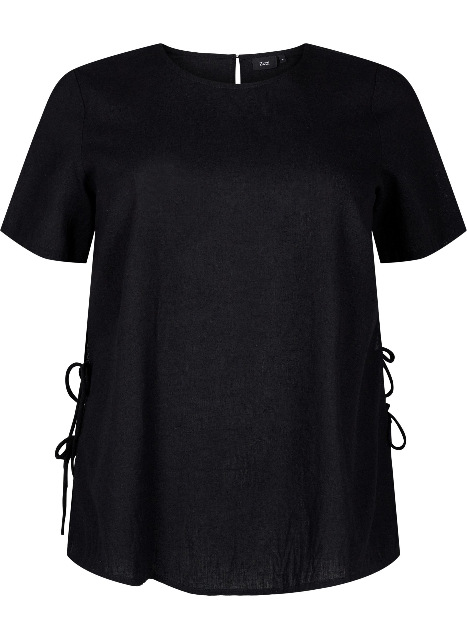 Zizzi Blouse &agrave; manches courtes en m&eacute;lange de coton et lin avec d&eacute;tail lac&eacute;, Black, Packshot image number 0