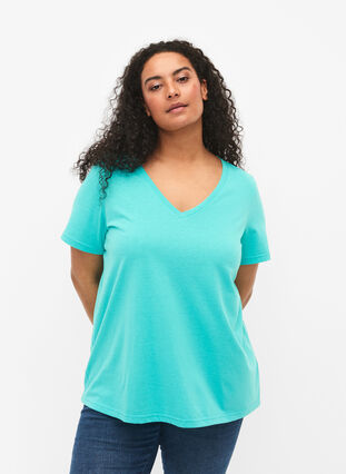 T-shirt à manches courtes avec col en V, Turquoise, Model image number 0