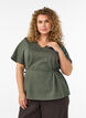 Blouse en m&eacute;lange de coton avec un col en V et un lien &agrave; nouer, Vert, Model image number 0