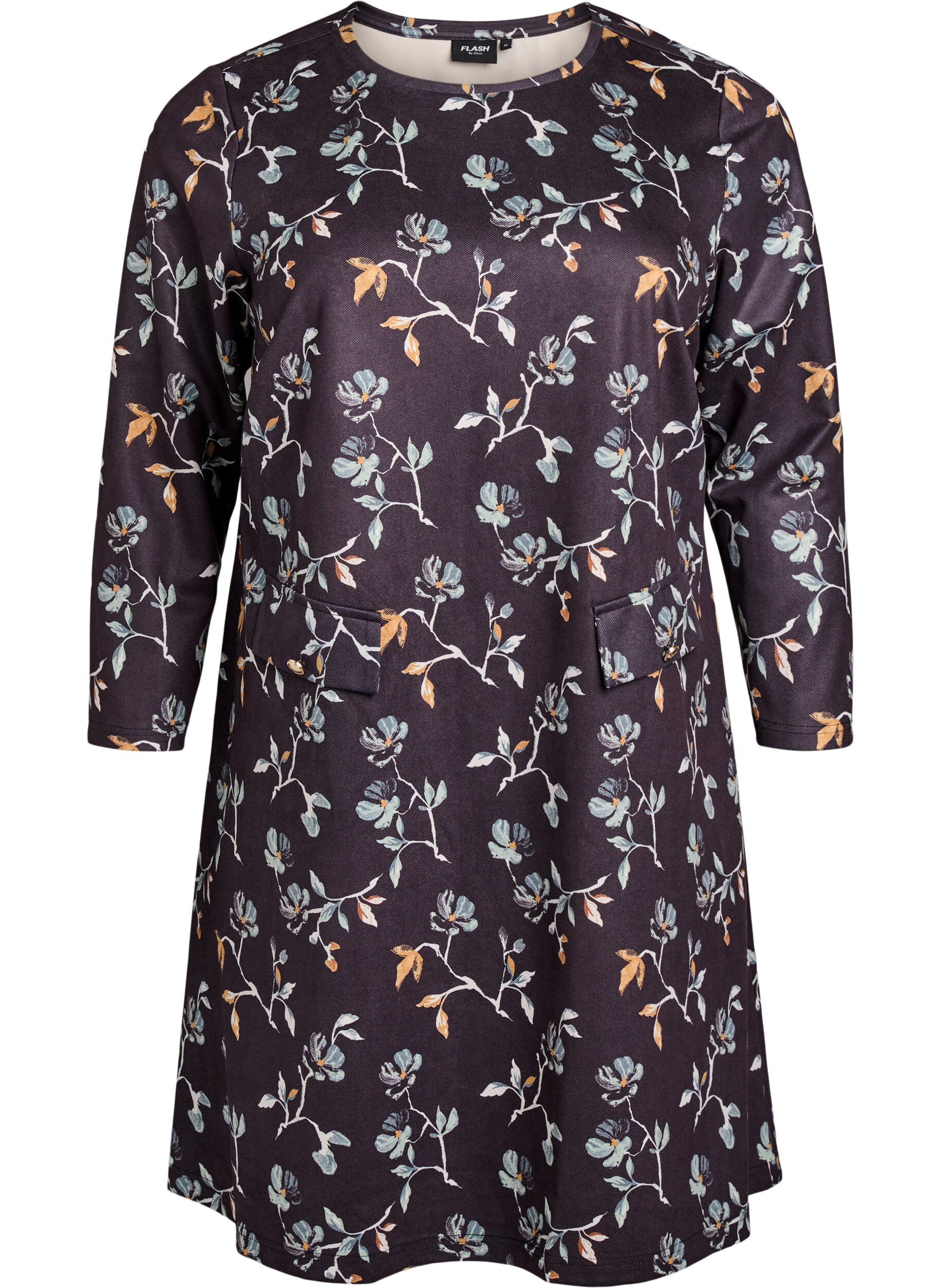 Zizzi Robe en trap&egrave;ze courte avec manches 7/8, Noir, Packshot image number 0