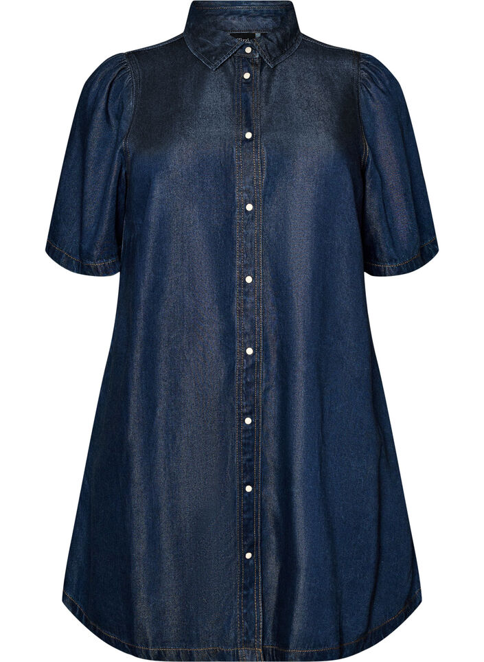 Robe en jean en lyocell avec boutons et manches courtes, Bleu, Packshot image number 0