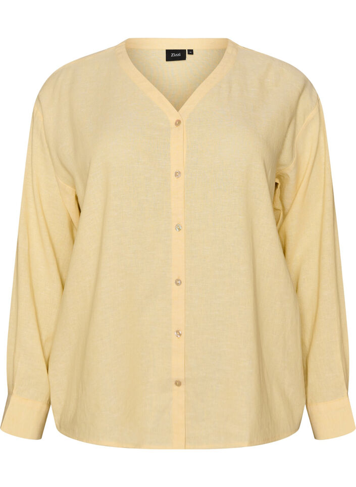 Blouse en lin et viscose avec col en V, Jaune clair, Packshot image number 0