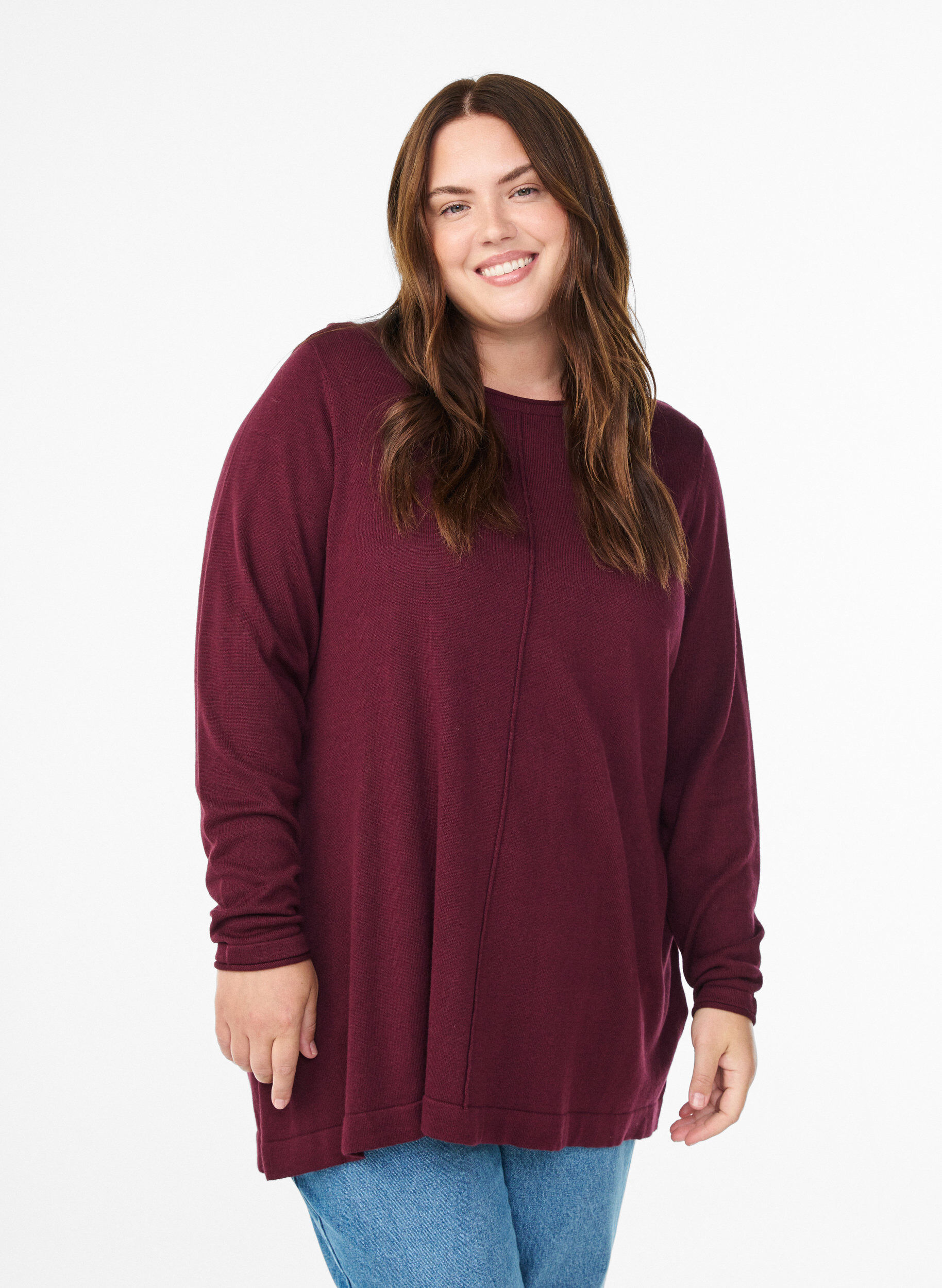 Blouse tricot&eacute;e en m&eacute;lange coton-viscose, Bordeaux fonc&eacute;, Model