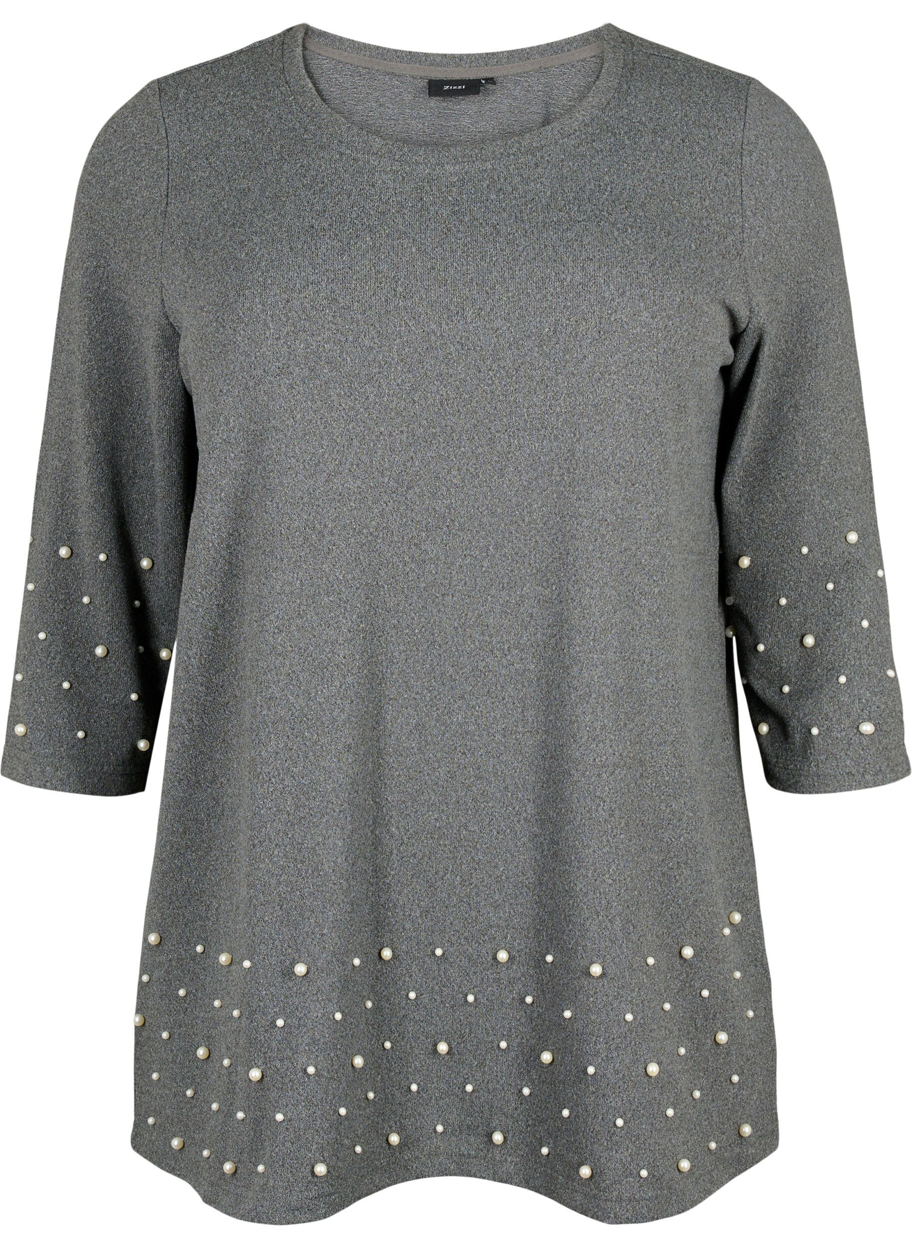 Zizzi Blouse avec perles et manches 3/4, Dark Grey Melange, Packshot image number 0