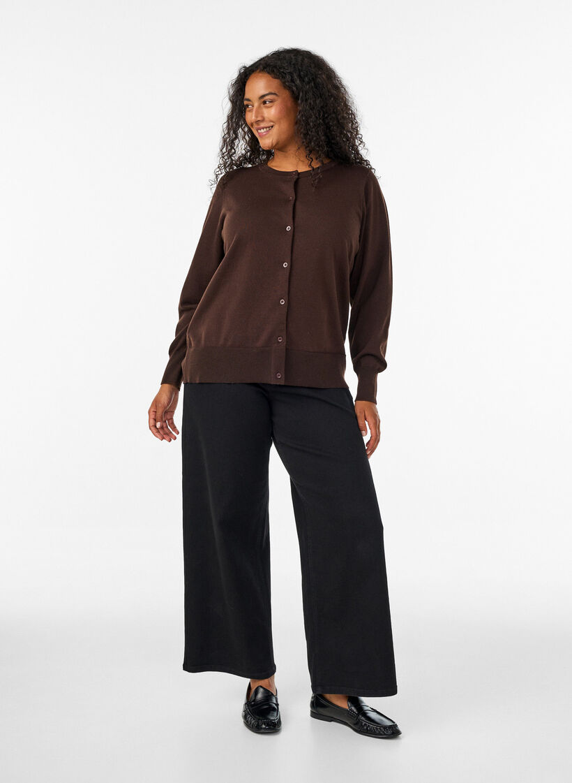 Cardigan en maille fine avec col rond, Marron, Model image number 1