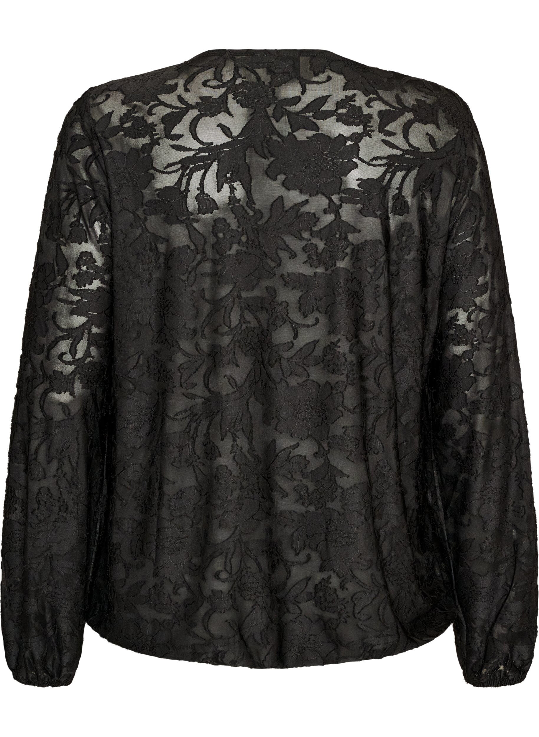 ZizziBlouse transparente avec texture florale et manches longues, Noir, Packshot image number 1