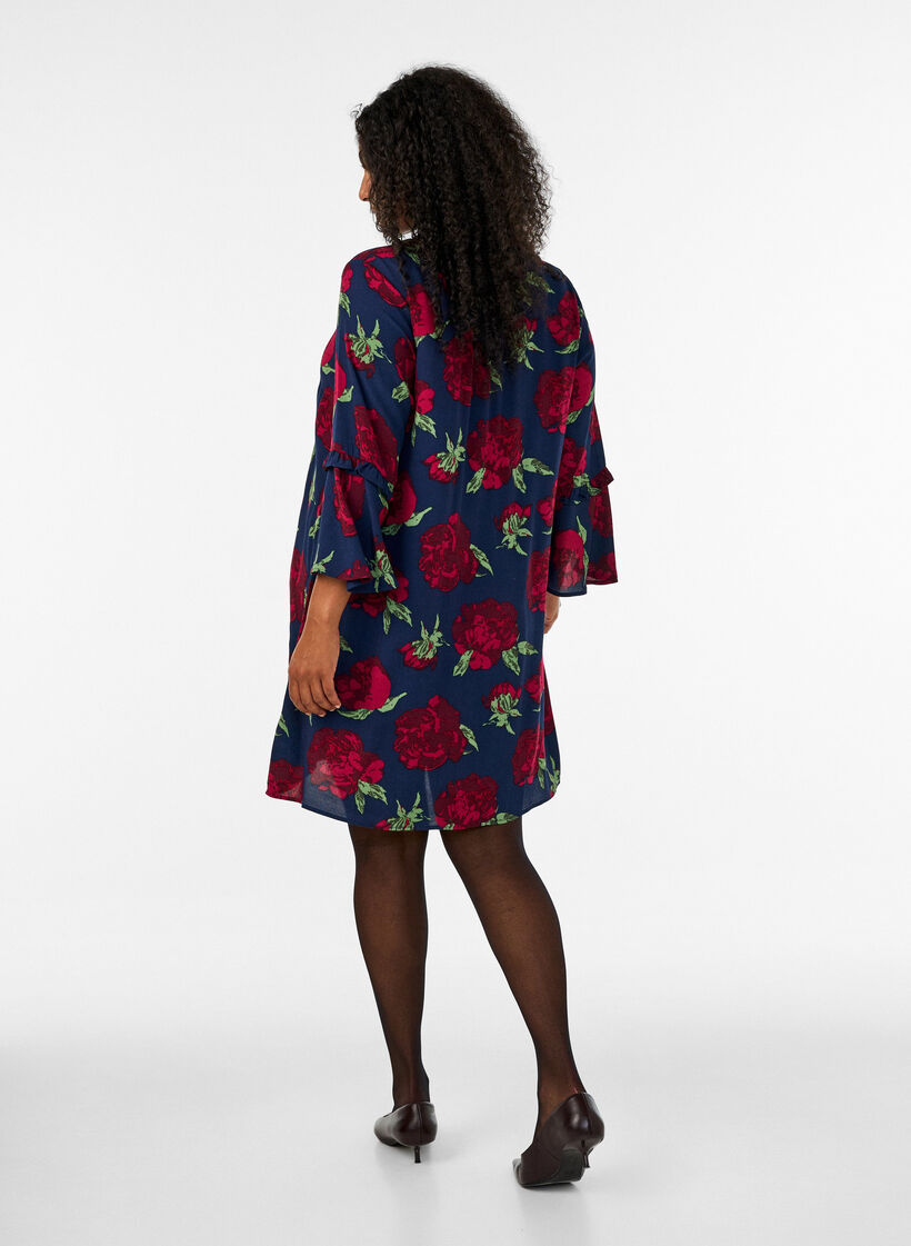 Robe fleurie en viscose avec volants, Bleu, Model image number 2