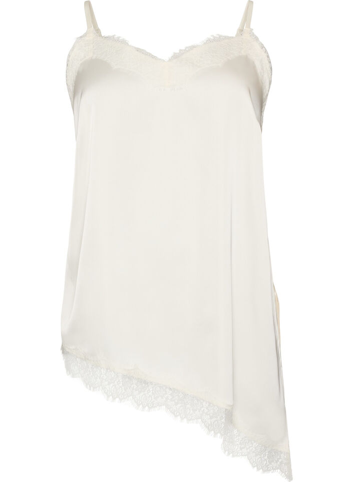 Top &agrave; fines bretelles avec dentelle et ourlet asym&eacute;trique, Vanille, Packshot image number 0