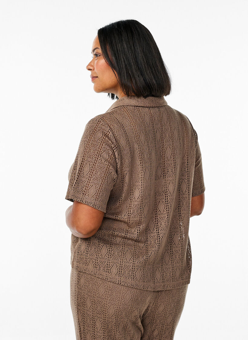 Chemise à manches courtes avec motif ajouré, Marron, Model image number 2