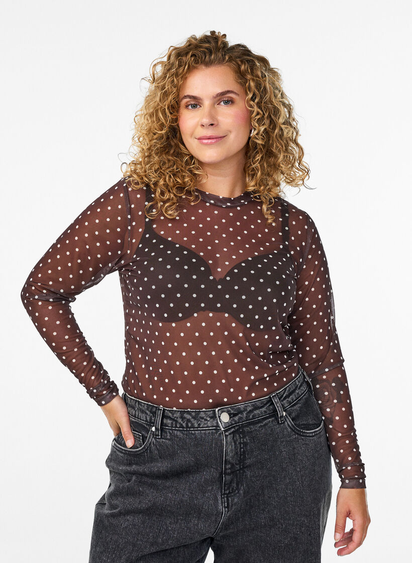 Blouse en maille &agrave; pois, Marron, Model image number 0