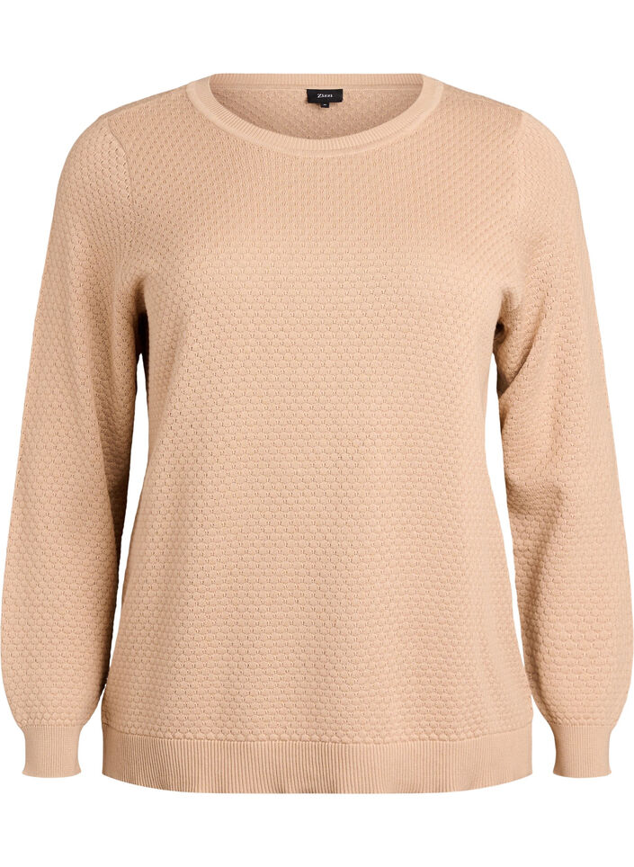 Blouse en maille de coton avec motif texturé, Beige, Packshot image number 0