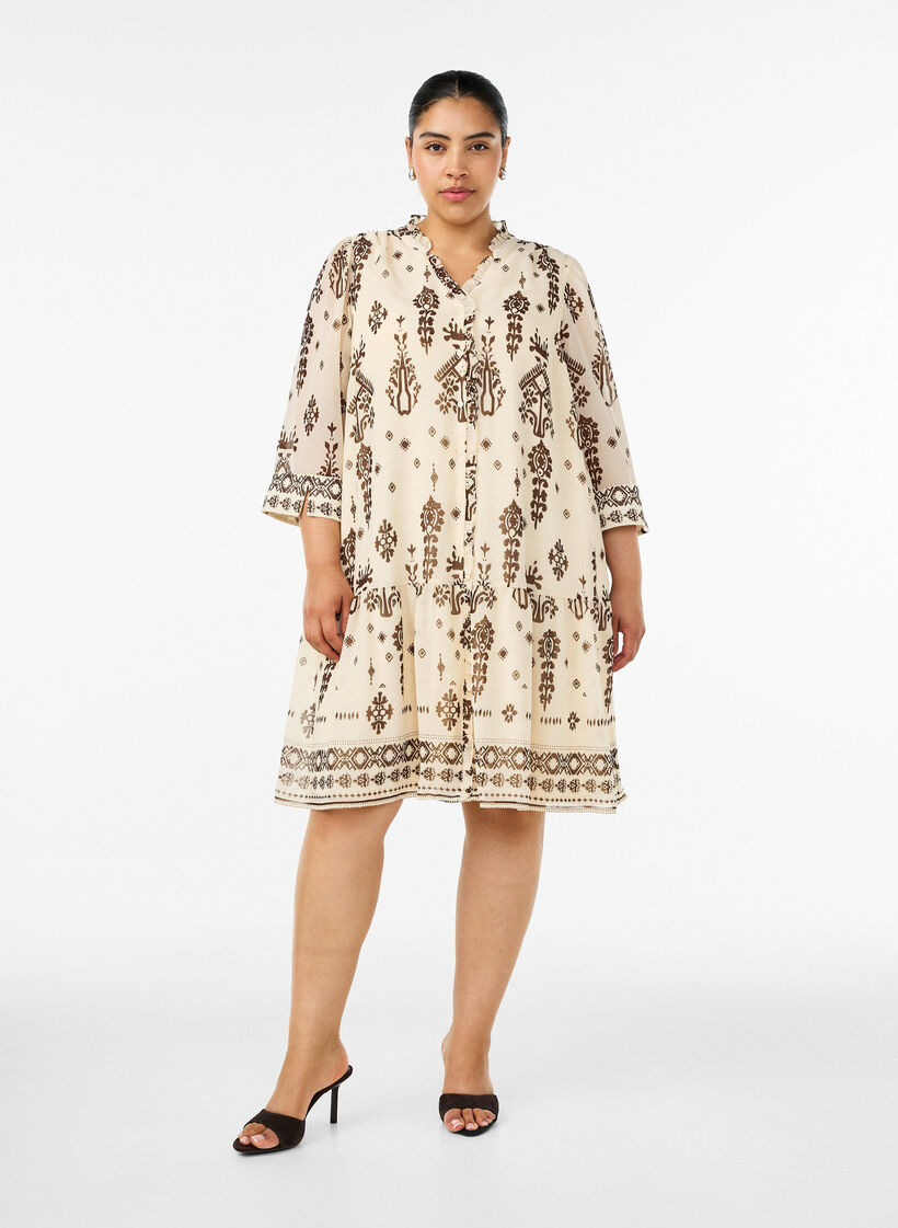 Robe avec imprim&eacute; ornemental et col &agrave; volants, Beige, Model image number 1