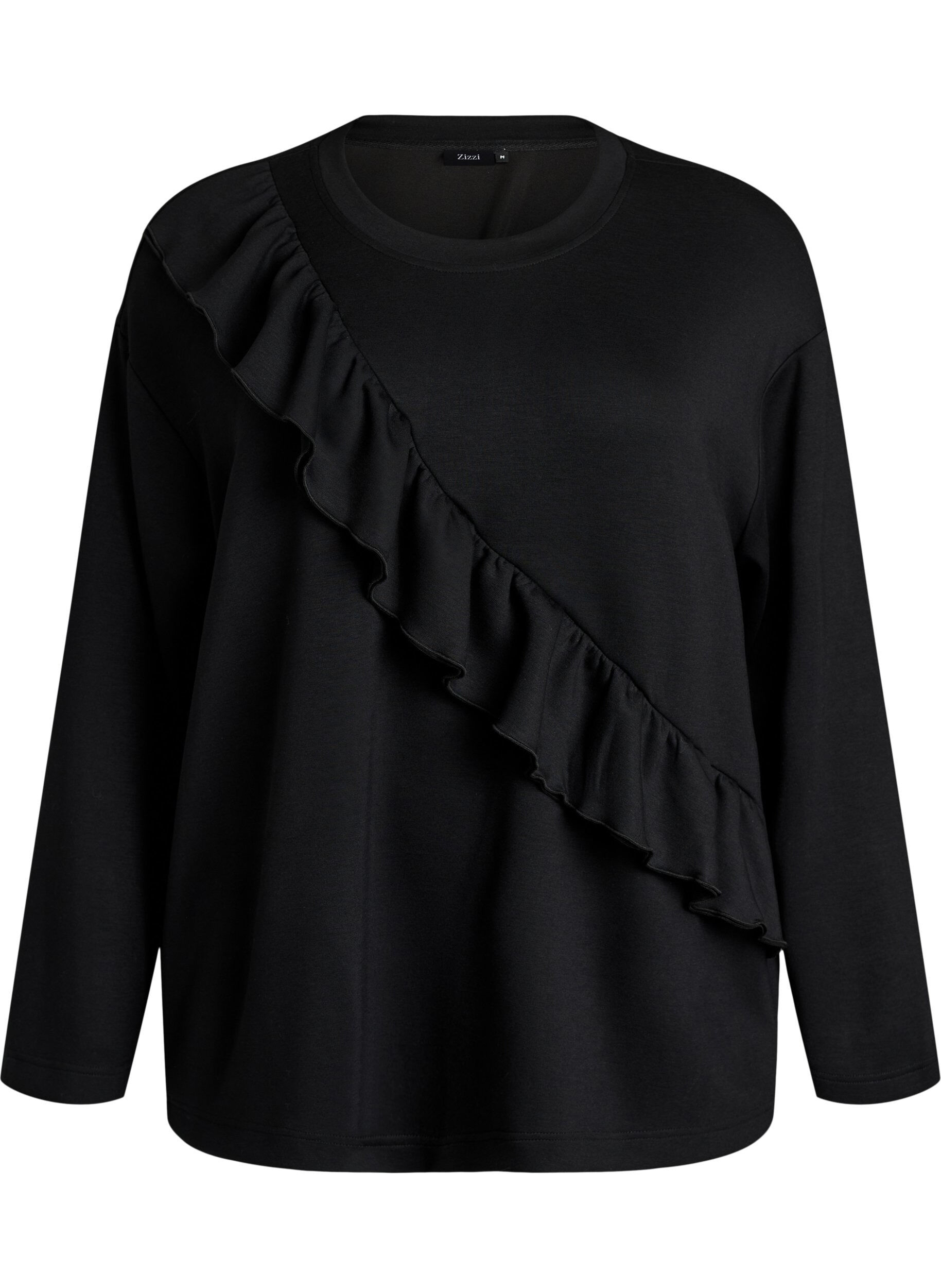 ZizziBlouse en jersey avec un volant en diagonale, Noir, Packshot image number 0