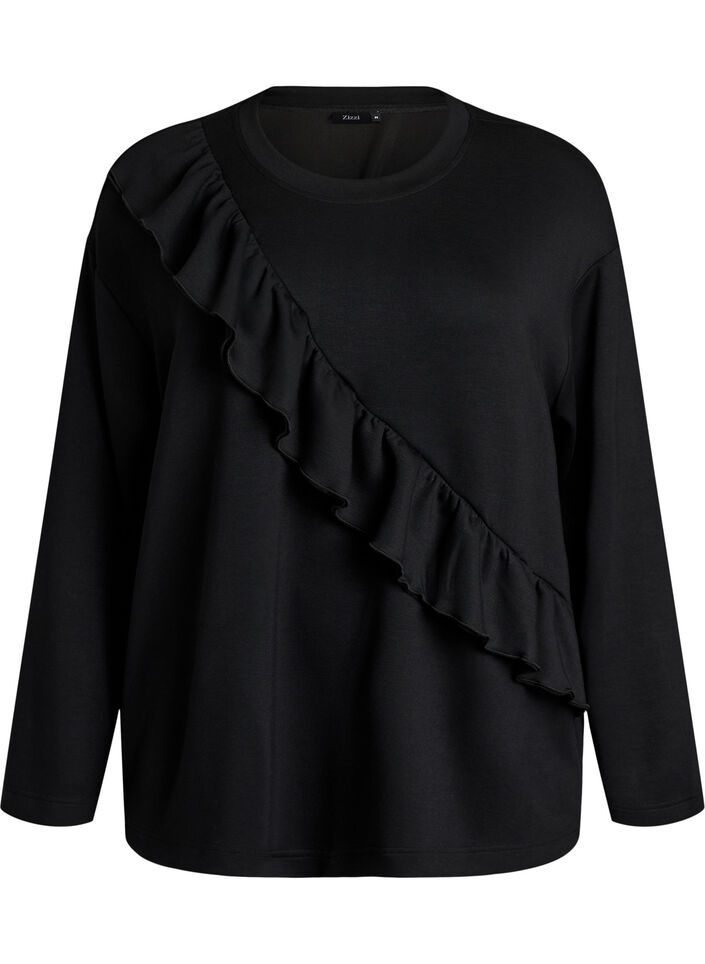 Blouse en jersey avec un volant en diagonale, Noir, Packshot image number 0