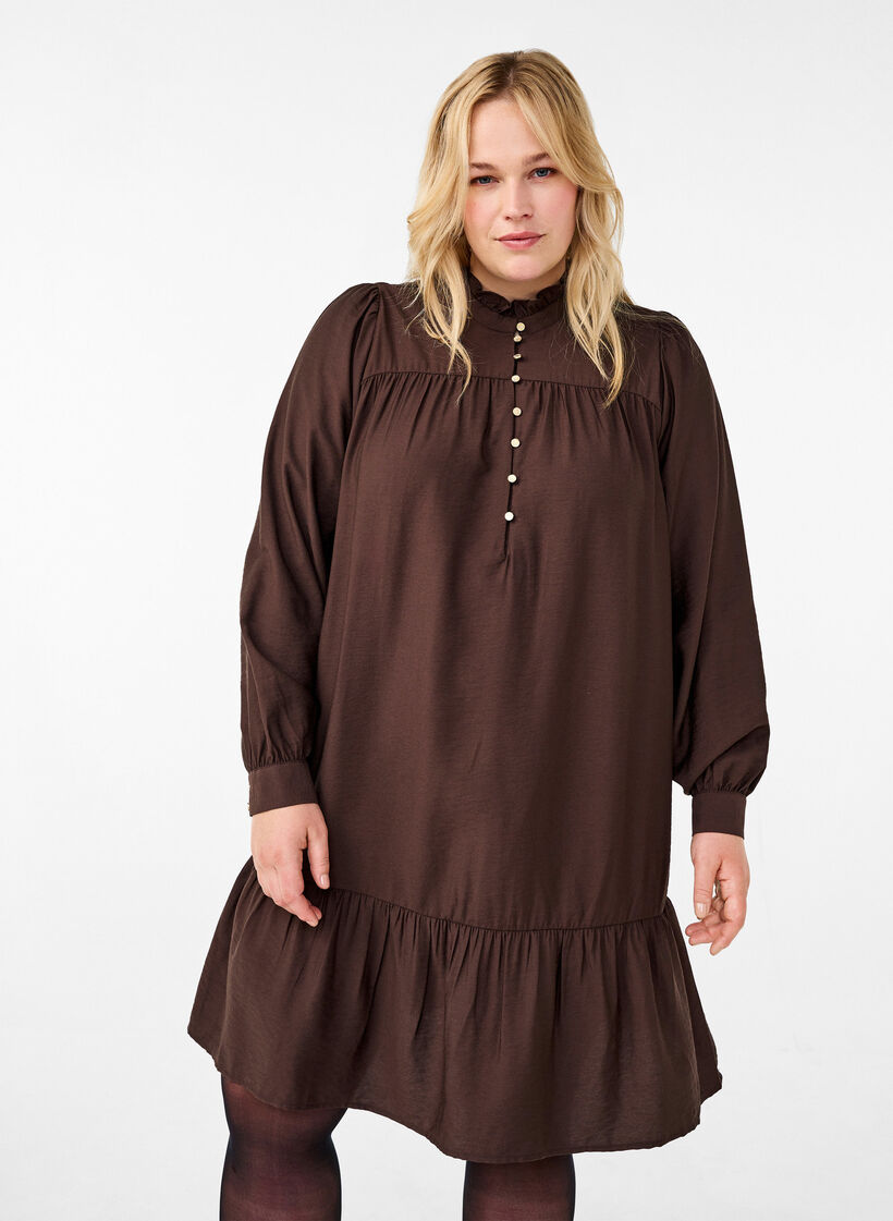 Robe courte avec col à volants, Seal Brown, Model image number 0