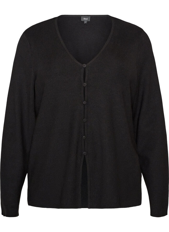 Cardigan en maille fine avec des boutons recouverts de tissu, Noir, Packshot image number 0